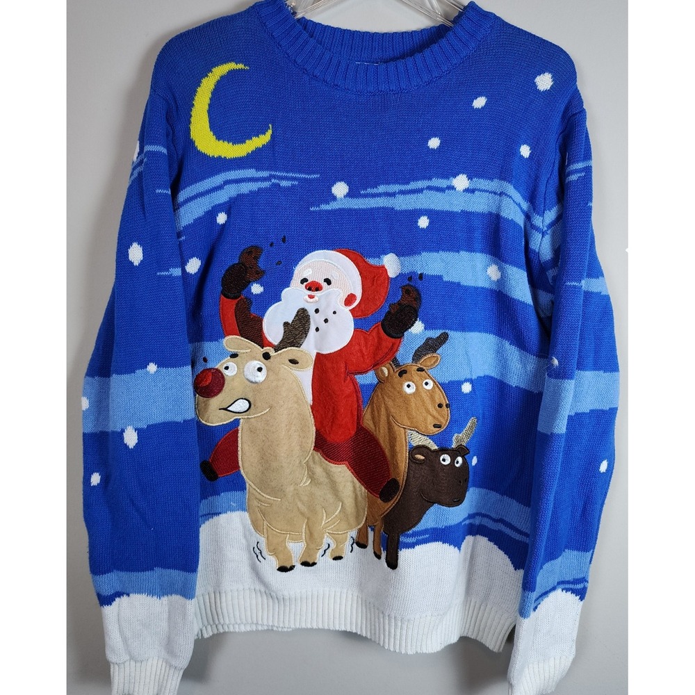 Joyin Ugly Christmas Sweater‎ Santa Riding Reindeer Blue XL